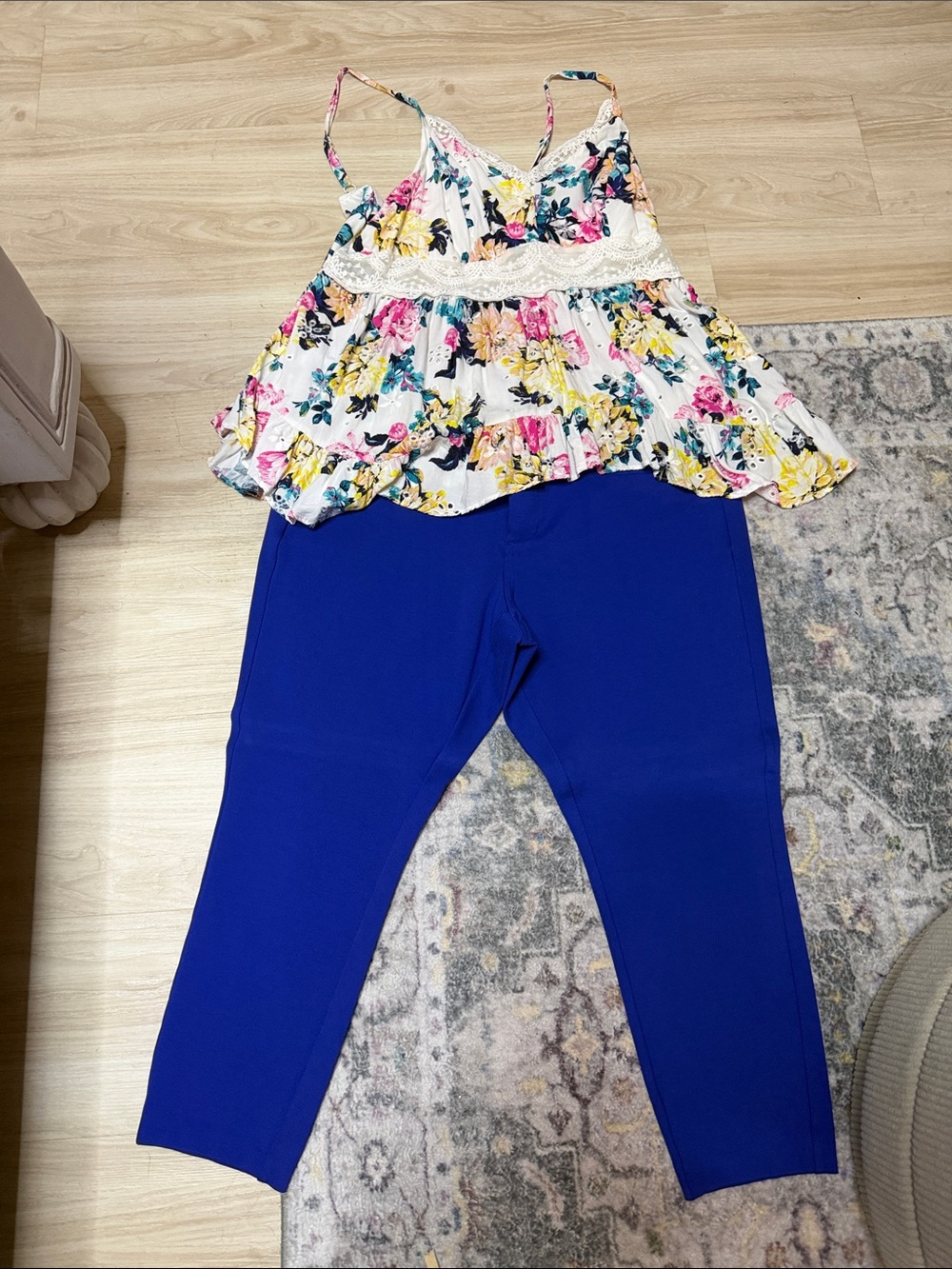 torrid Floral Lace-Trim White Pink Yellow Blue Tank with Royal Blue capri pants